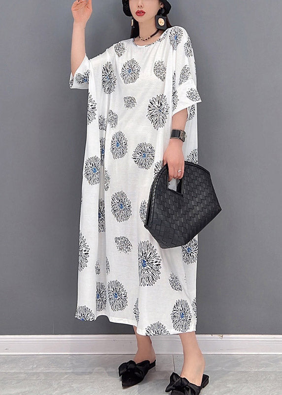White O-neck Print Long Dress Half Sleeve