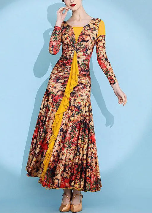 Yellow Wrinkled Print Patchwork Cotton Long Dress Spring