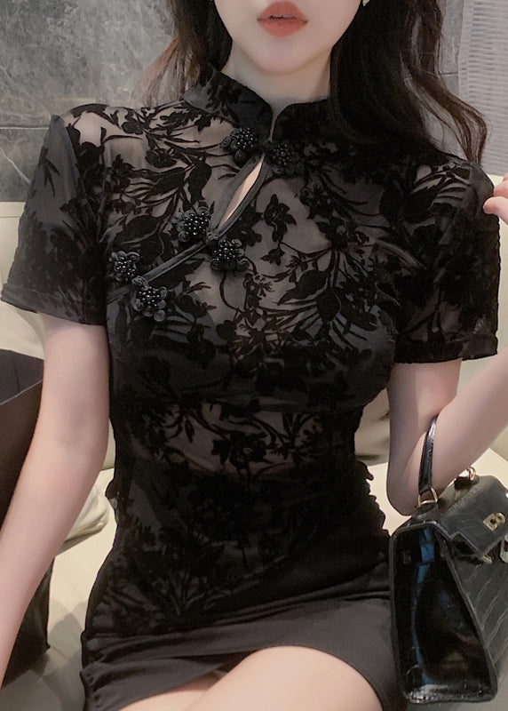 Black Stand Collar Embroideried Tulle Shirts Short Sleeve