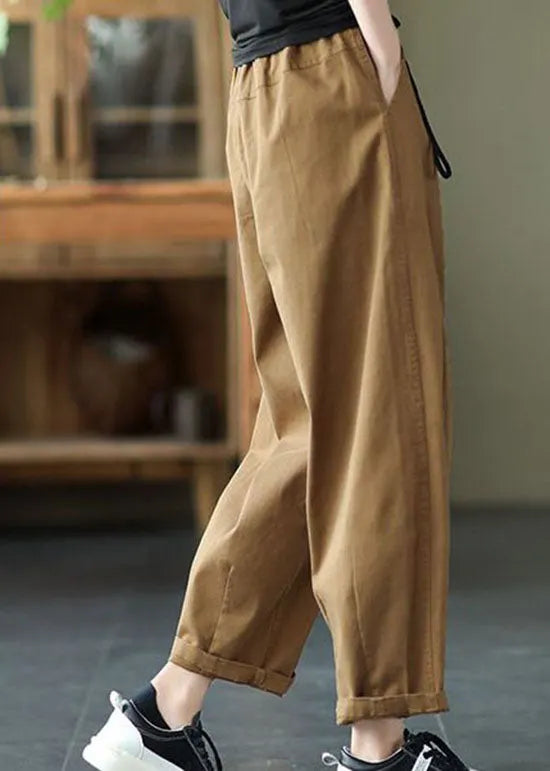 Dark Khaki Pockets Patchwork Cotton Pants Summer