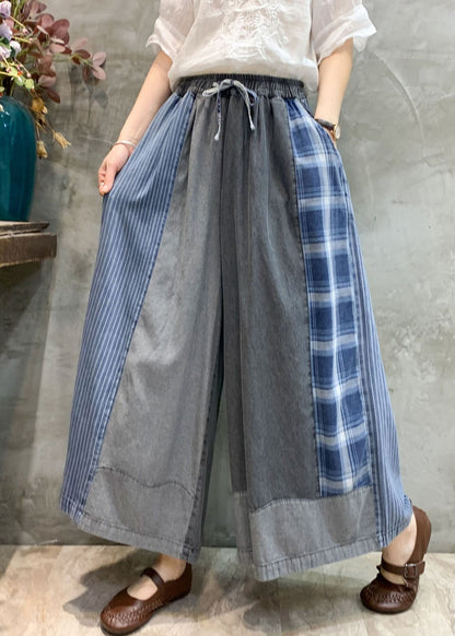 Grey Pockets Patchwork Denim Wide Leg Pants Fall