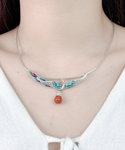 Red Sterling Silver Agate Phoenix Pendant Necklace