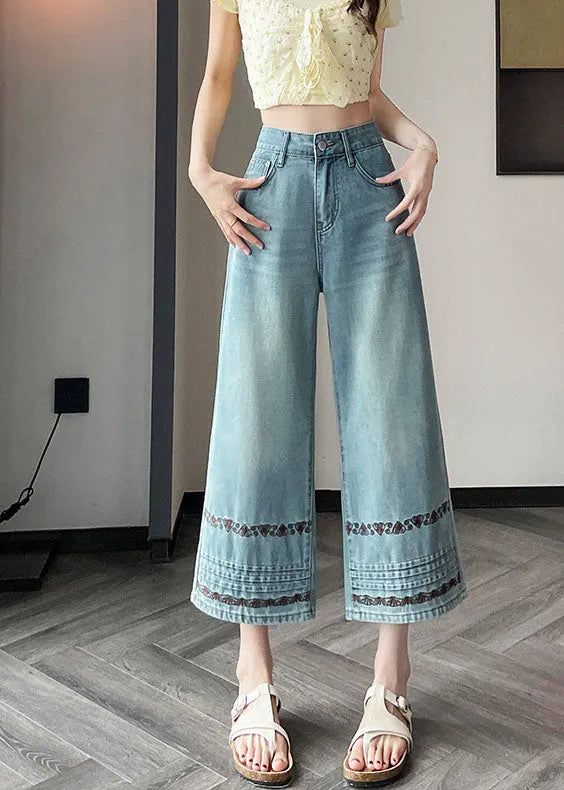 Stylish Blue Embroidered Denim Straight Pants Fall