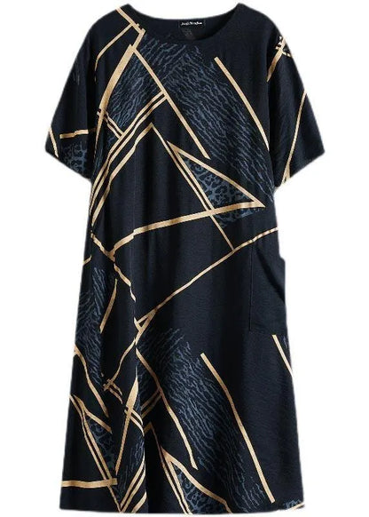French Black Print Half Sleeve Maxi Summer Cotton Linen Dress