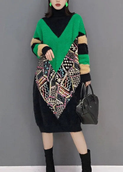 Classy Black Turtle Neck Print Thick Mink Velvet Dresses Spring