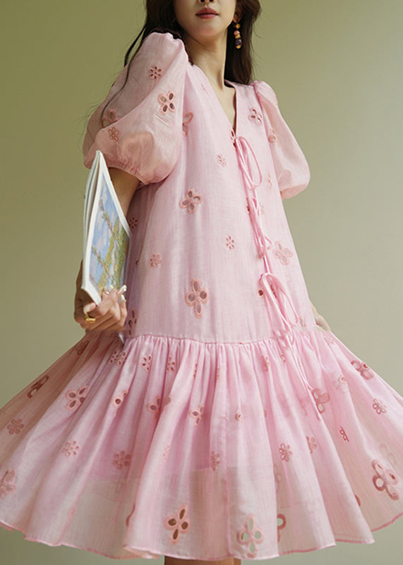 Pink Embroidered Tie Lace Mid Dress Summer