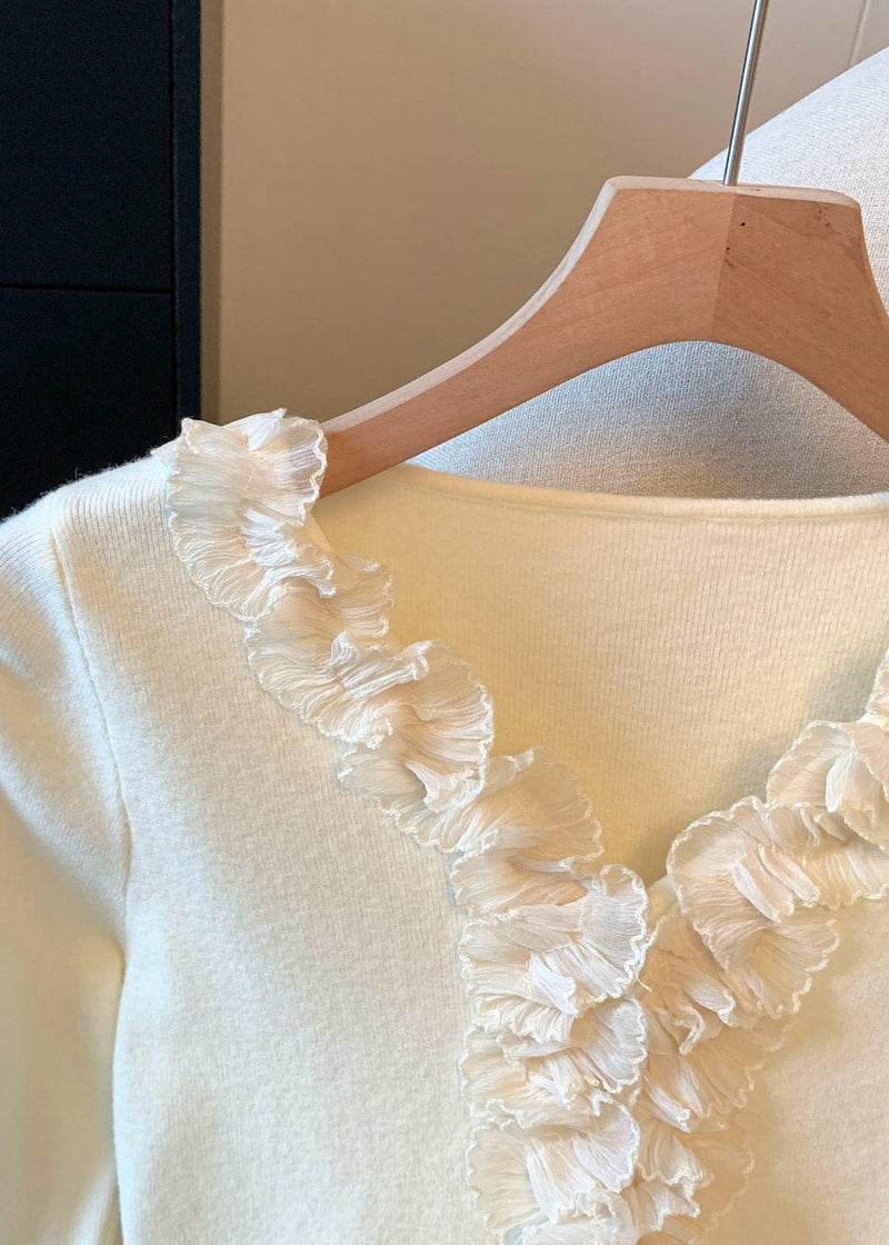 Slim Fit Apricot Ruffled Knitting Cotton T Shirt Top
