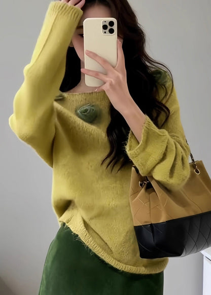 Fitted Yellow Slash Neck Decorated Knit Pullover Fall
