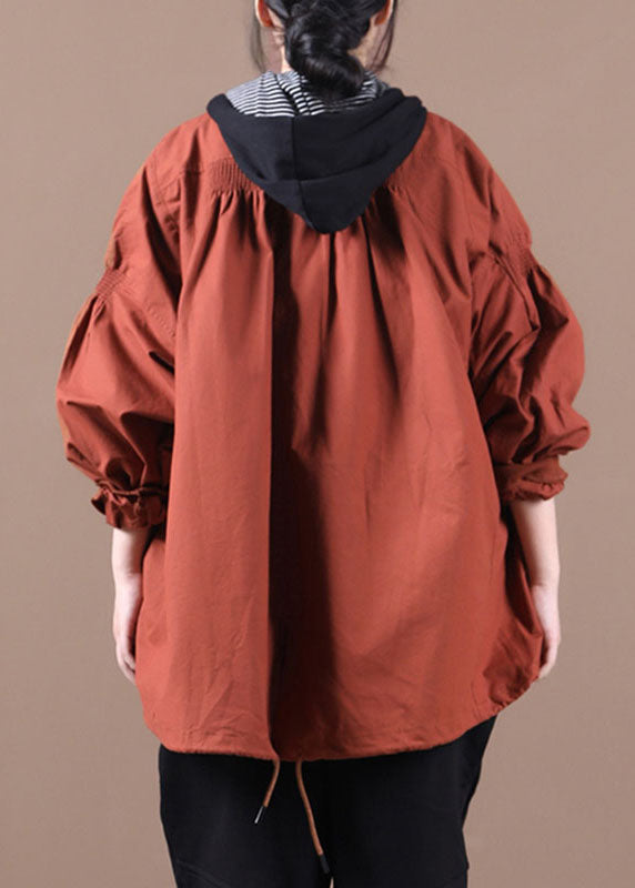 Brick Red Loose Zippered Wrinkled Fall Coats Long Sleeve