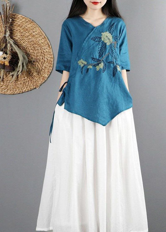 Simple Blue Asymmetrical Tie Waist Cotton Tops Half Sleeve