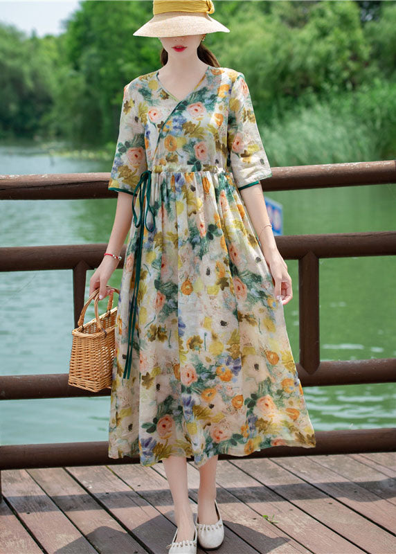 V Neck Drawstring Patchwork Linen Dress Summer