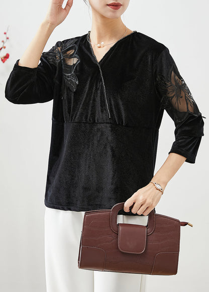 Black Hollow Out Patchwork Silk Velour Shirt Fall