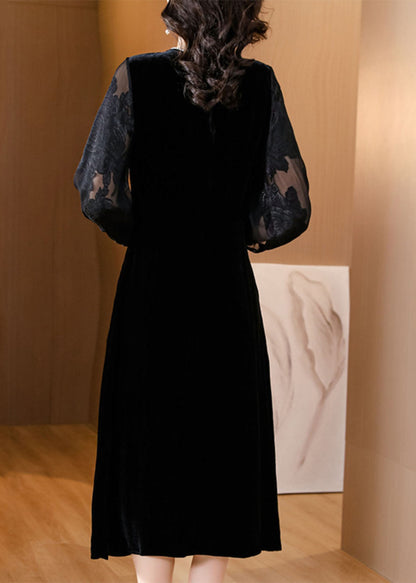 Black O-neck Embroideried Tulle Patchwork Silk Maxi Dresses Fall