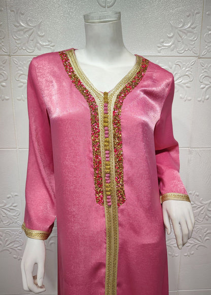 Rose V Neck Lace Patchwork Zircon Velour Maxi Dress Long Sleeve