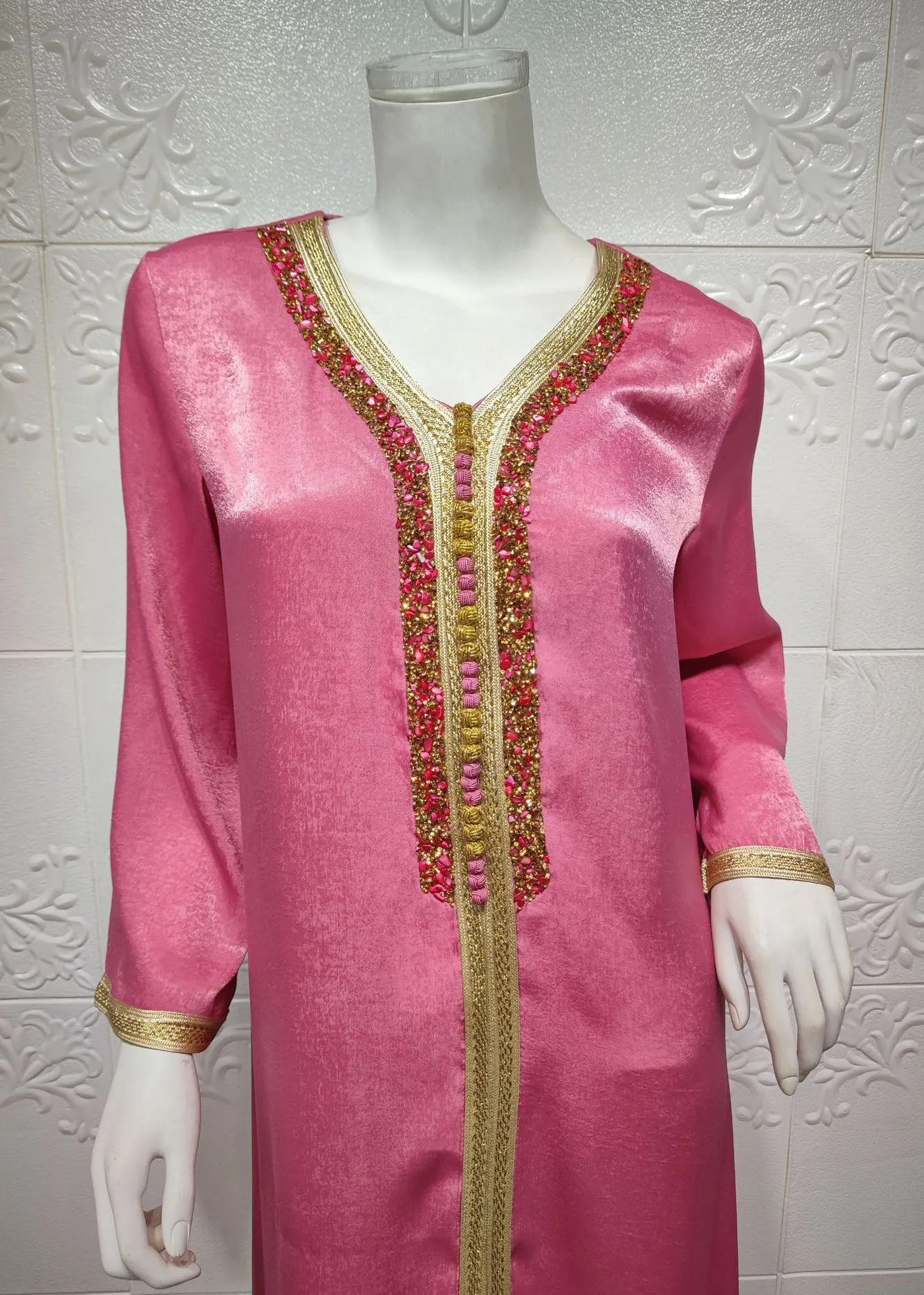 Rose V Neck Lace Patchwork Zircon Velour Maxi Dress Long Sleeve