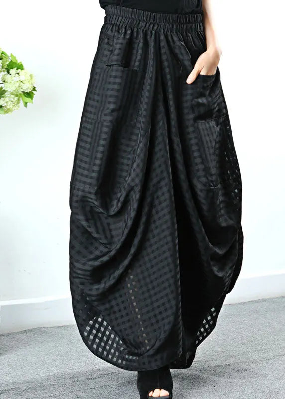 Simple Black Pockets Plaid Wide Half Skirt Spring