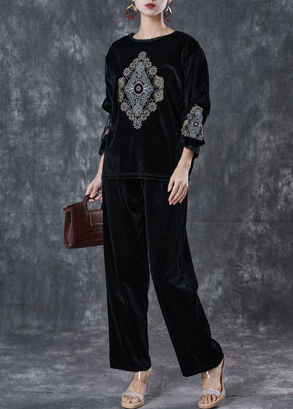Loose Black O-neck Embroideried Silk Velour Two Piece Suit Set Spring