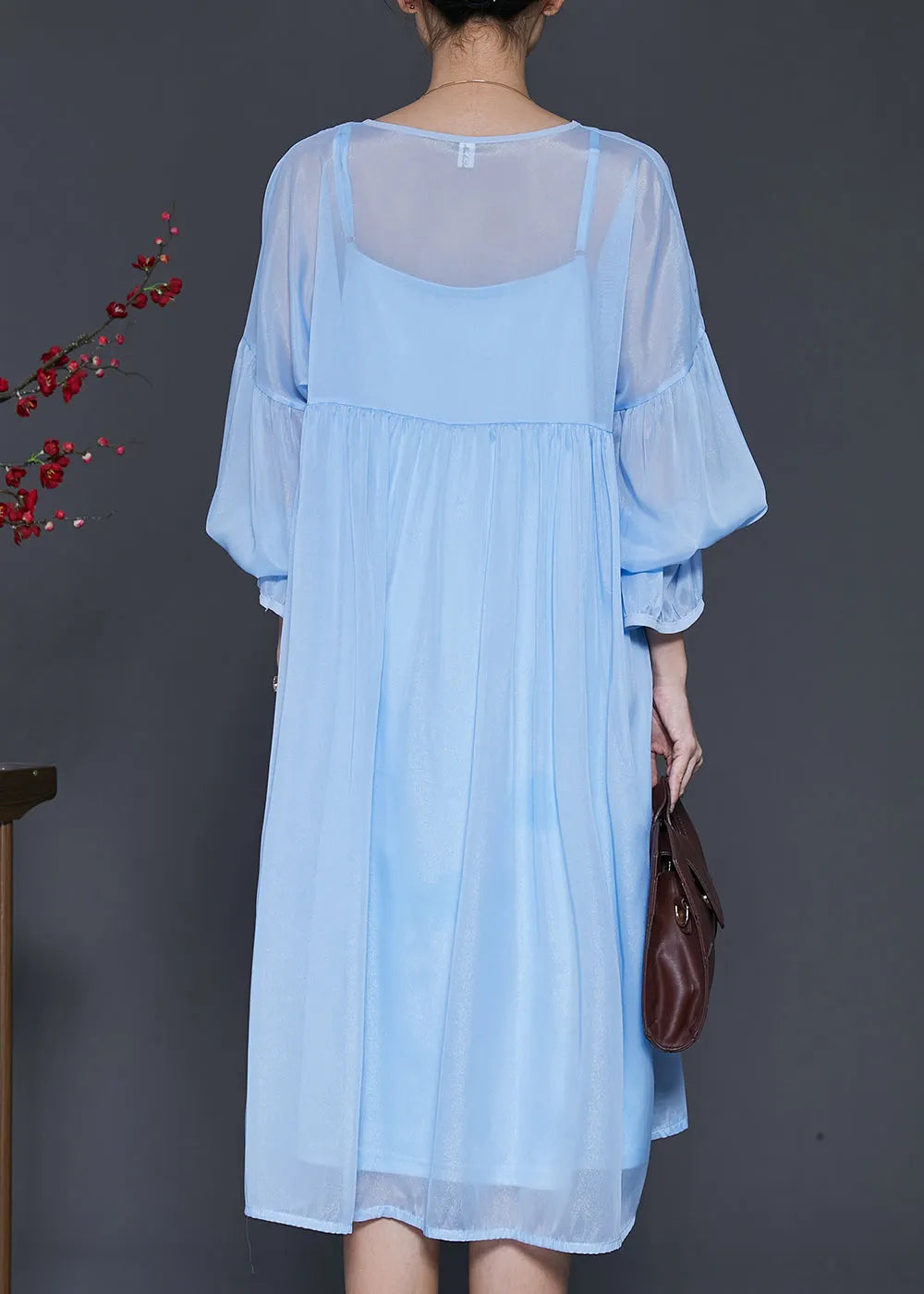 Lake Blue Draping Chiffon Dress Two Piece Set Lantern Sleeve