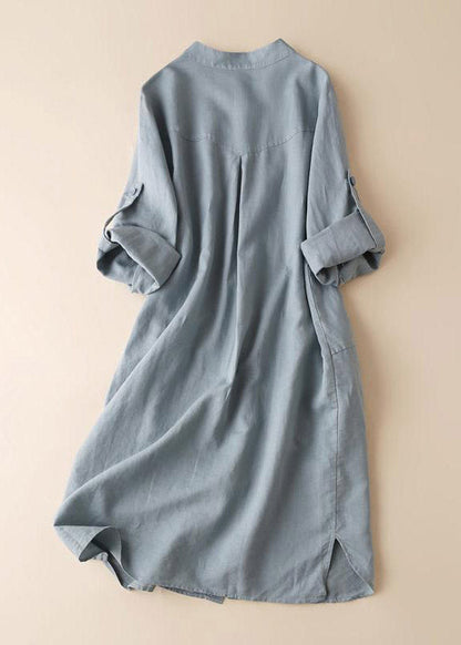 Blue Stand Collar Button Side Open Shirt Dresses Long Sleeve