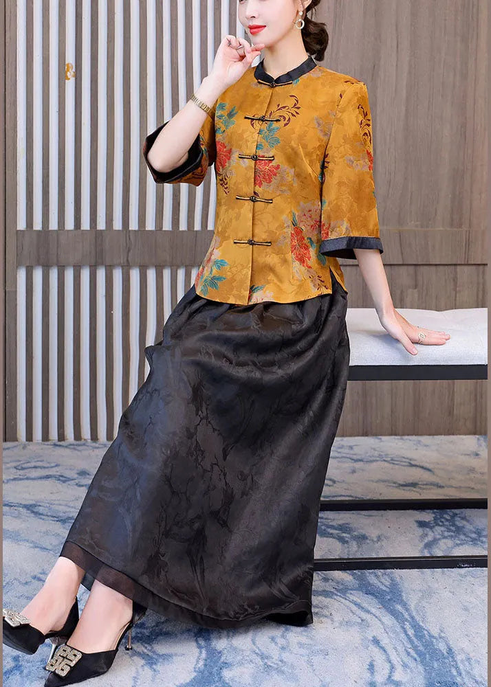 Retro Yellow Oriental Stand Collar Print Silk Tops and Skirts Two Pieces Set Half Sleeve