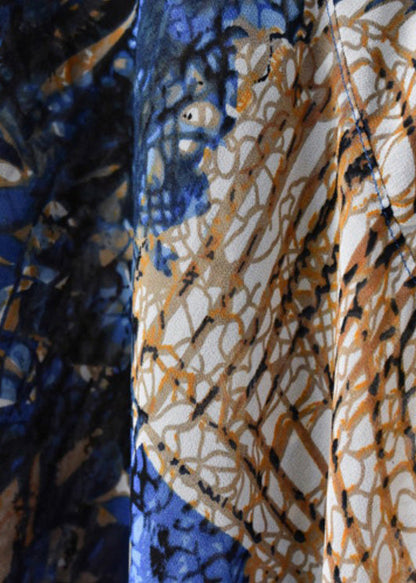 Blue Asymmetrical Print Chiffon Top and Linen Spaghetti Strap Dress Two Pieces Set Summer