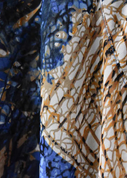 Blue Asymmetrical Print Chiffon Top and Linen Spaghetti Strap Dress Two Pieces Set Summer