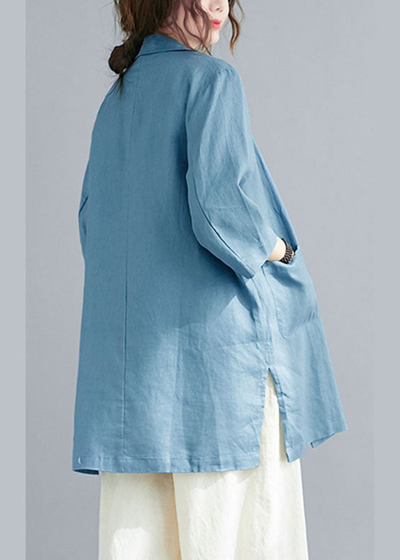 Natural Blue Notched Button Pockets Fall Three Quarter Sleeve Blouse Top