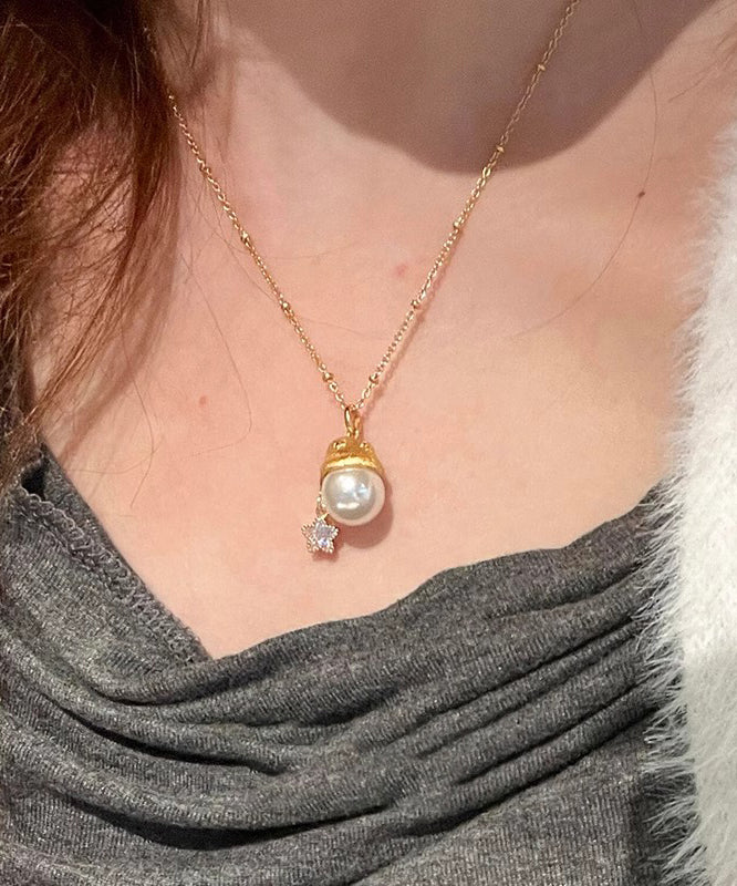 Boutique Gold Copper Overgild Zircon Pearl Christmas Hat Star Pendant Necklace