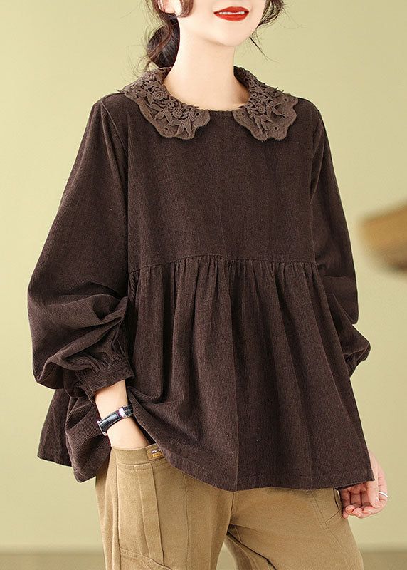 Khaki Lace Patchwork Wrinkled Tops Long Sleeve