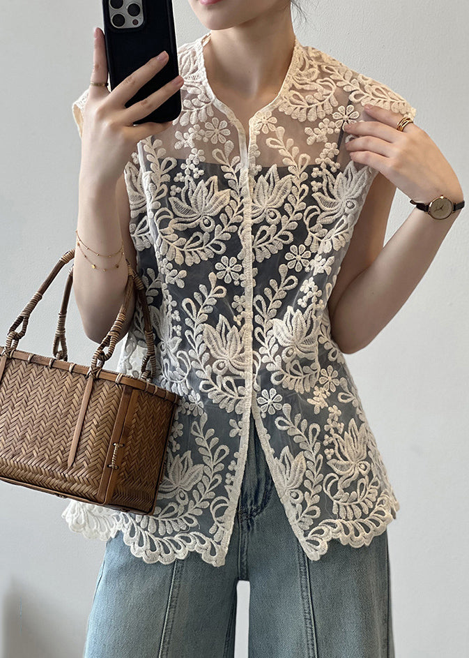 Beige V Neck Embroidered Hollow Out Shirts Summer