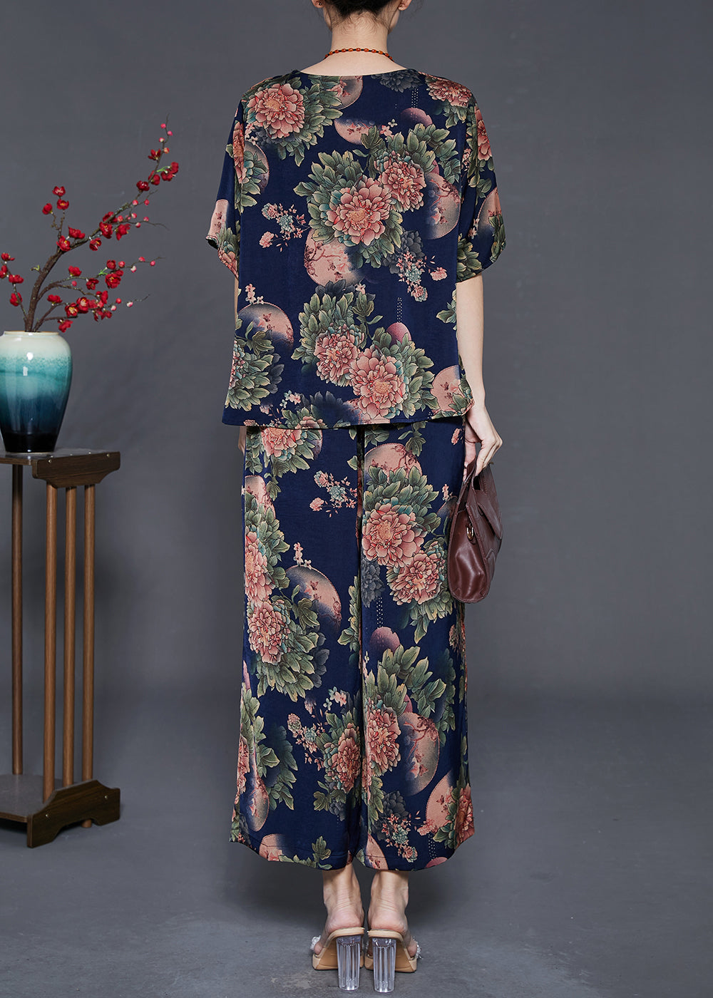Navy Oversized Print Silk Two Pieces Set Summer