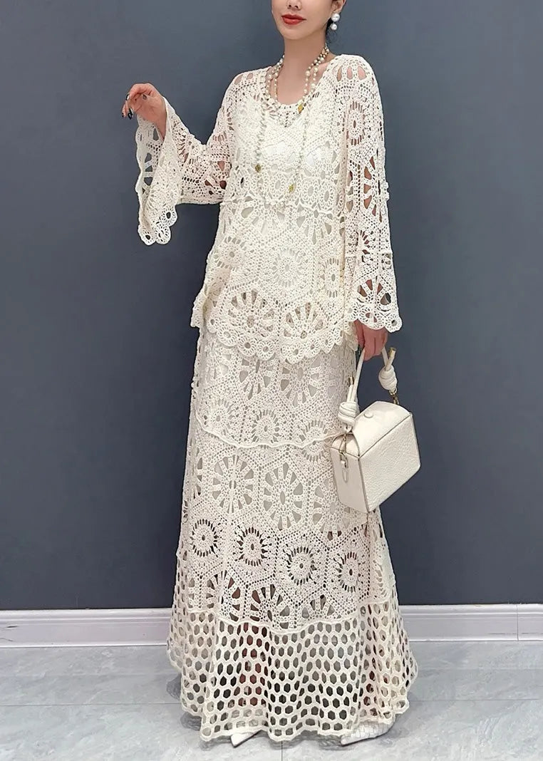 White Hollow Out Knit Two Piece Set Outfits Summer