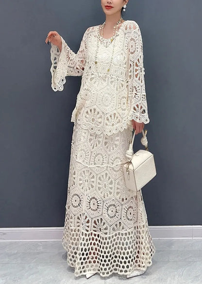 White Hollow Out Knit Two Piece Set Outfits Summer