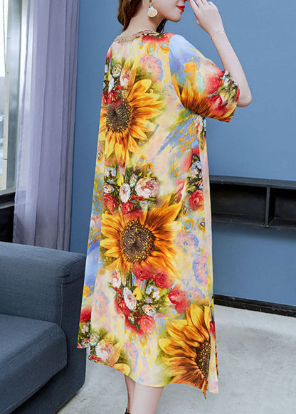 Classy Yellow the Sunflowers Print Patchwork Chiffon Dress Summer