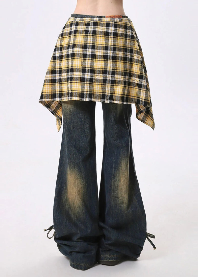 Navy Cinched Exra Large Hem Denim Flared Trousers Pants Spring