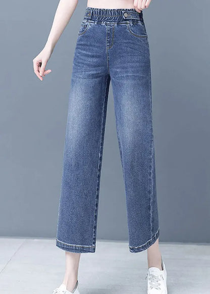 Denim Blue Patchwork Elastic Waist Crop Wide Leg Pants