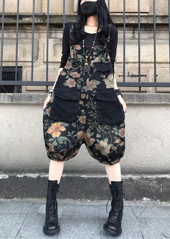 Slash Neck Print Patchwork Button Denim Jumpsuit Spring