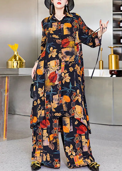 Black Asymmetrical Print Silk Shirts Wide Leg Pants Two Pieces Set Spring
