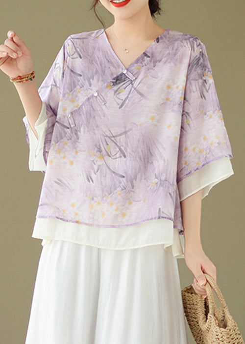 Purple V Neck Button Print Cotton Shirt Flare Sleeve