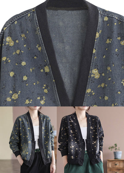 Grey V Neck Print Cotton Denim Coats Spring