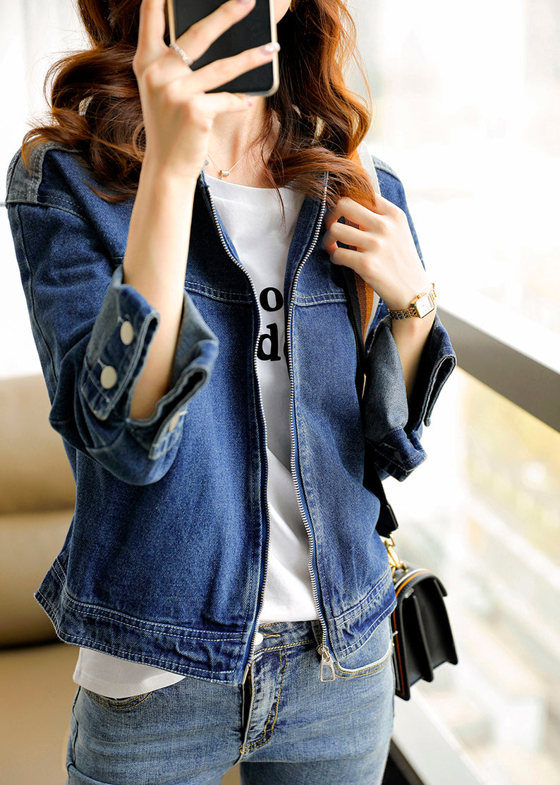 Vogue Blue O-neck Patchwork Zippered Cotton Hooded Denim Coat Long Sleeve