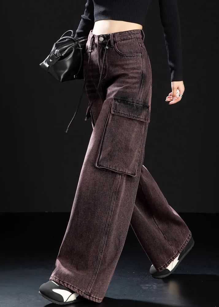 Art Gradient Color Oversized Pockets Warm Fleece Denim Pants Winter