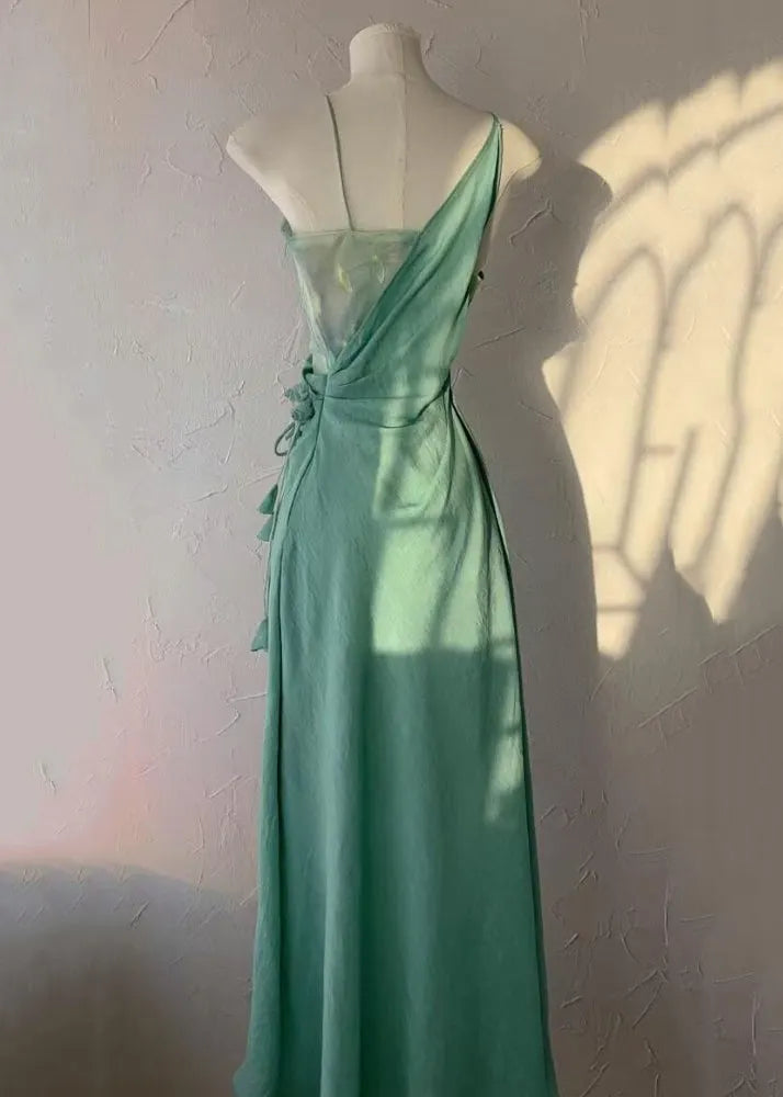 Green Asymmetrical Lace Up Cotton Long Dress Sleeveless