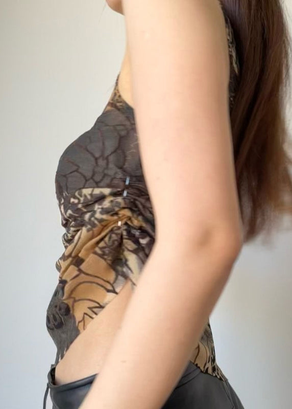 Brown Asymmetrical Print Tulle Tank Sleeveless