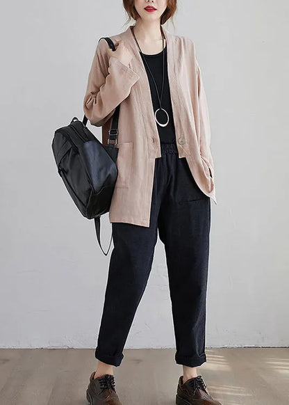 Khaki Pockets Patchwork Cotton Cardigan Coats V Neck Fall