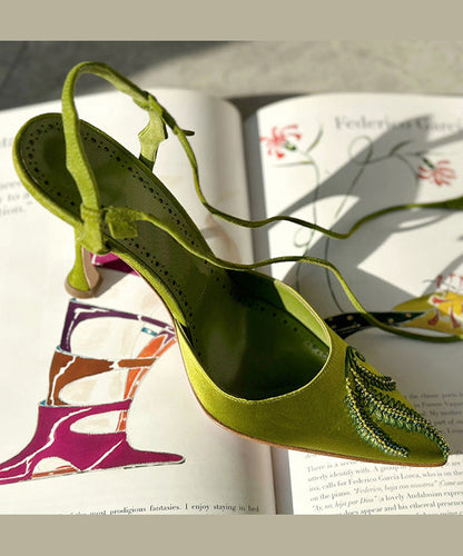 Splicing Stiletto High Heels Green Lace Up Embroidered