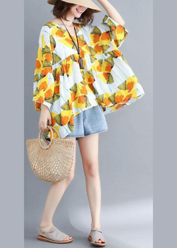 Yellow Loose V Neck Print Patchwork Fall Tops Half Sleeve