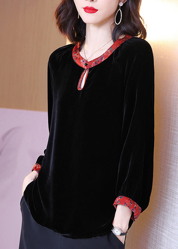Art Red Edge O-neck Print Patchwork Button Velour Top Long Sleeve