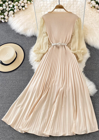 Apricot O-neck Chiffon Sashes Long Pleated Dress Long Sleeve