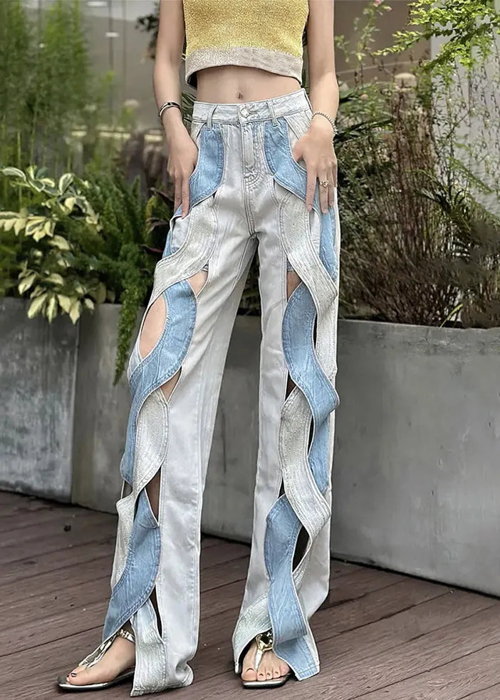 Original Design Blue Hollow Out High Waist Denim Pants Summer
